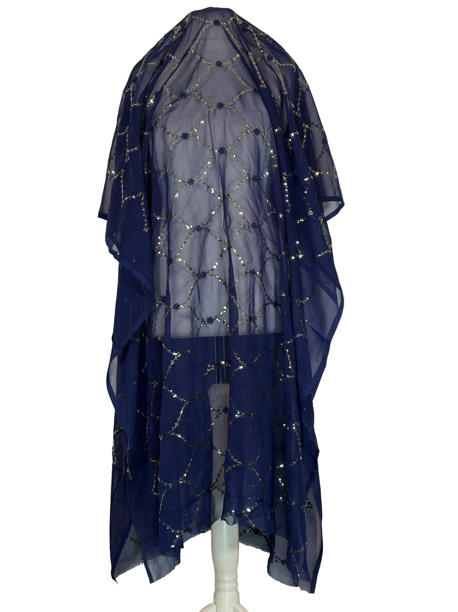 Navy blue sheer fabric with gold star patterns on a white background