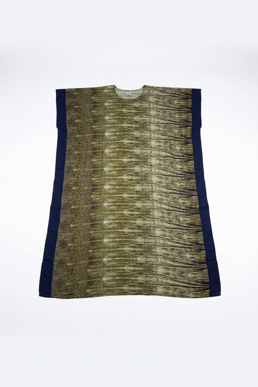 Textured dress with navy border on a white background