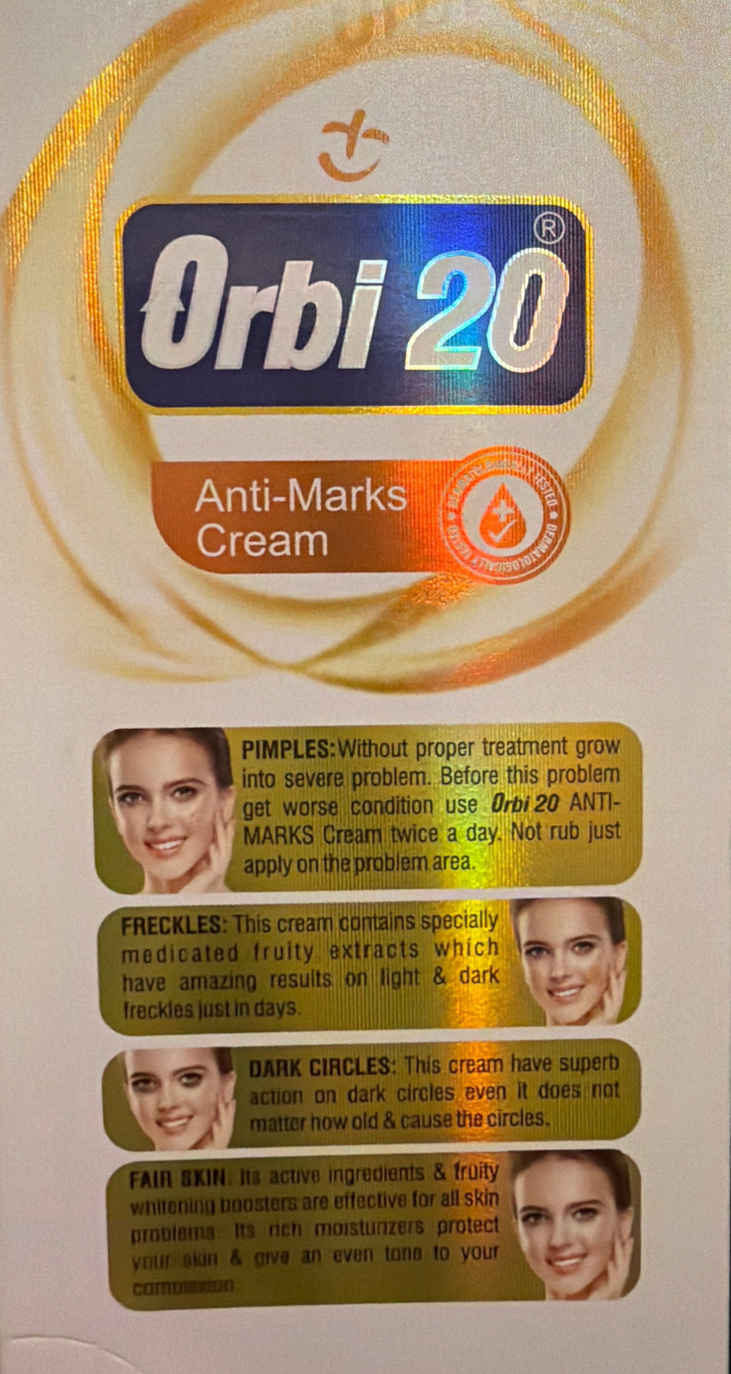 Orbi 20 Anti-Marks Cream packaging with images of faces on a colorful background