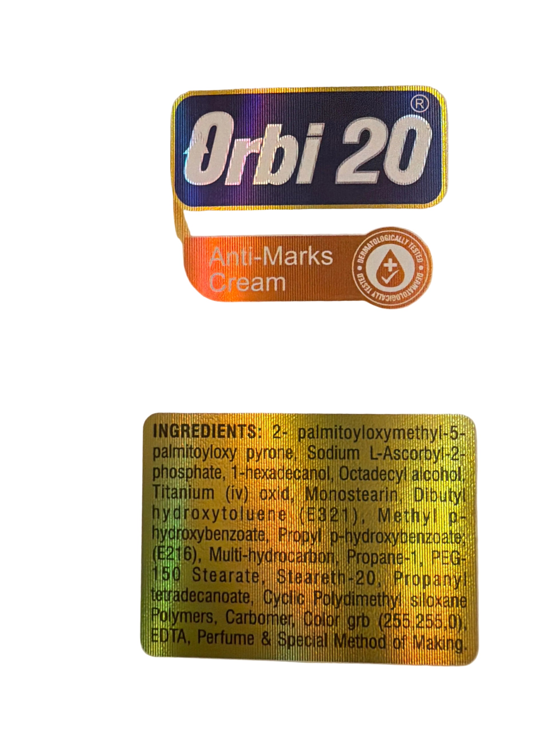 Orbi 20 Anti-Marks Cream packaging with label and branding.