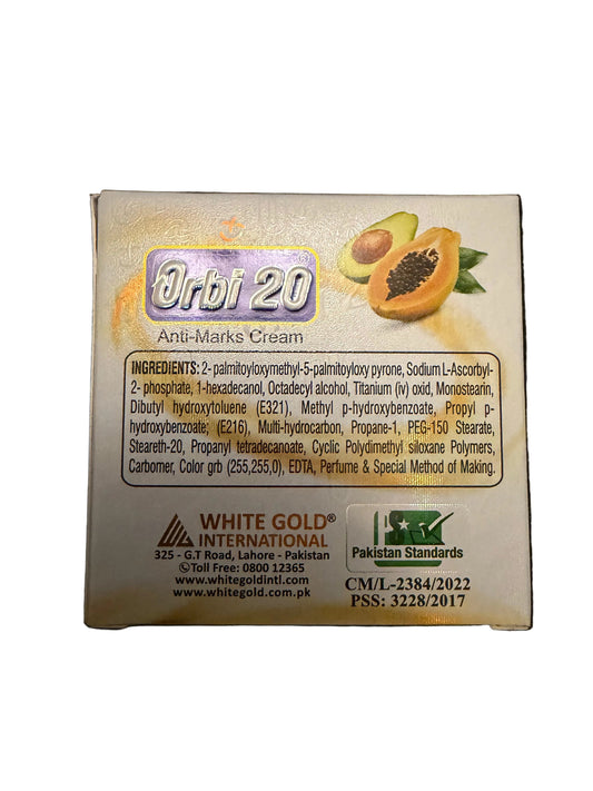 Orbi 20 Anti-Marks Cream packaging with ingredients list on a dark background