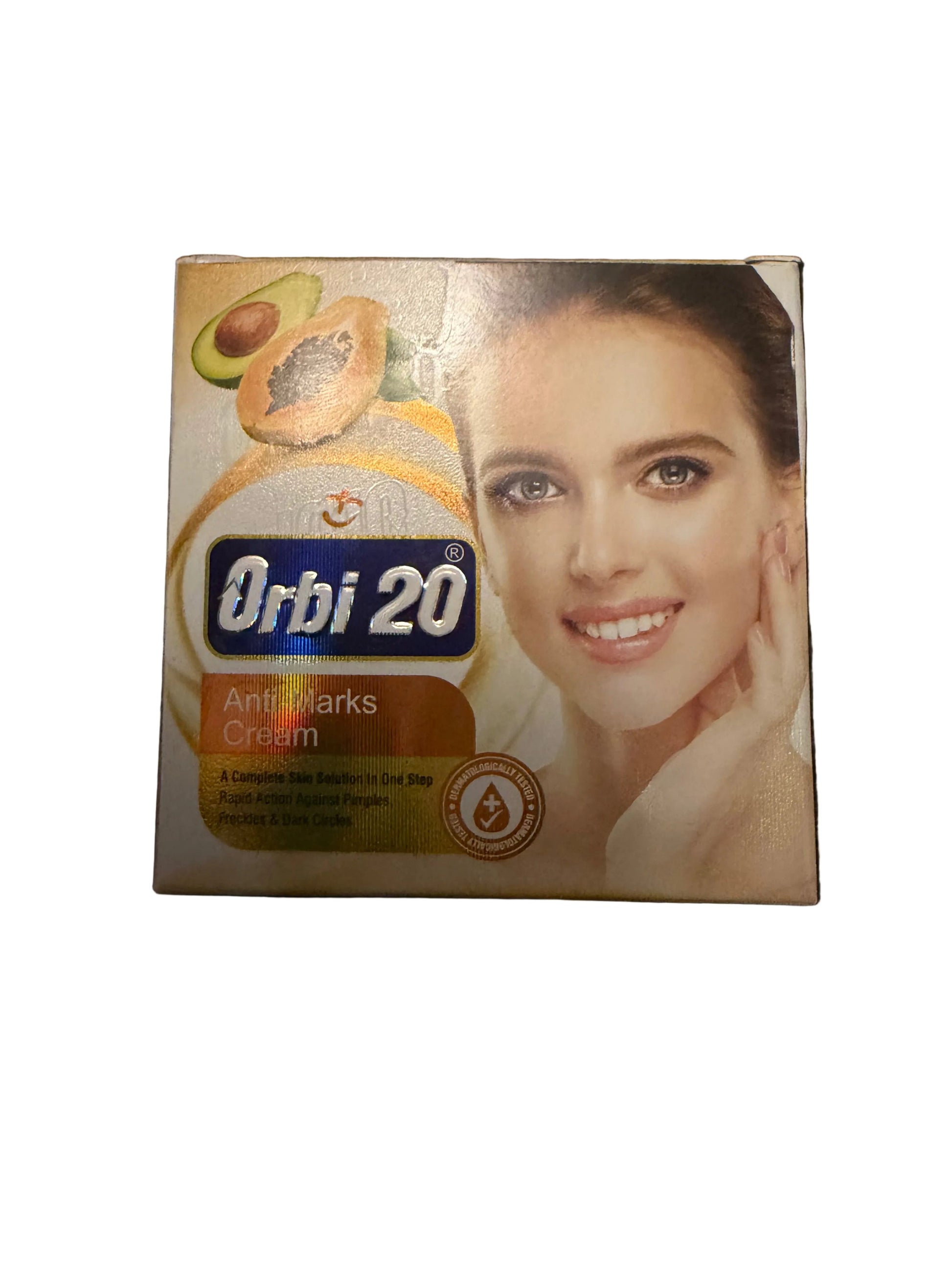 Orbi 20 anti-wrinkle cream packaging with a woman's face on a dark background