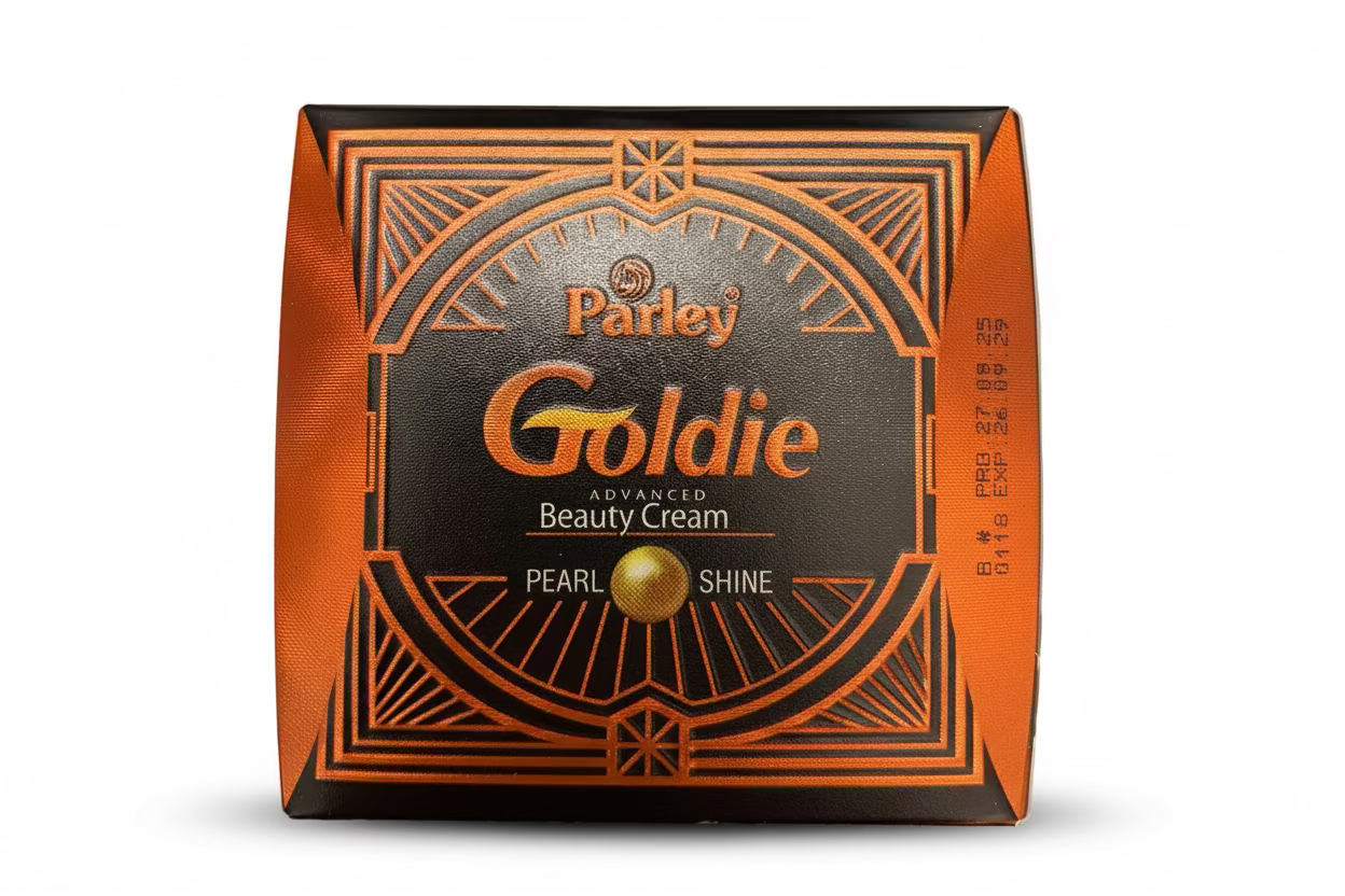 Parley Goldie beauty cream packaging on a textured surface