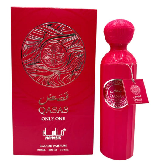 Pink QASAS parfum bottle and packaging on a white background