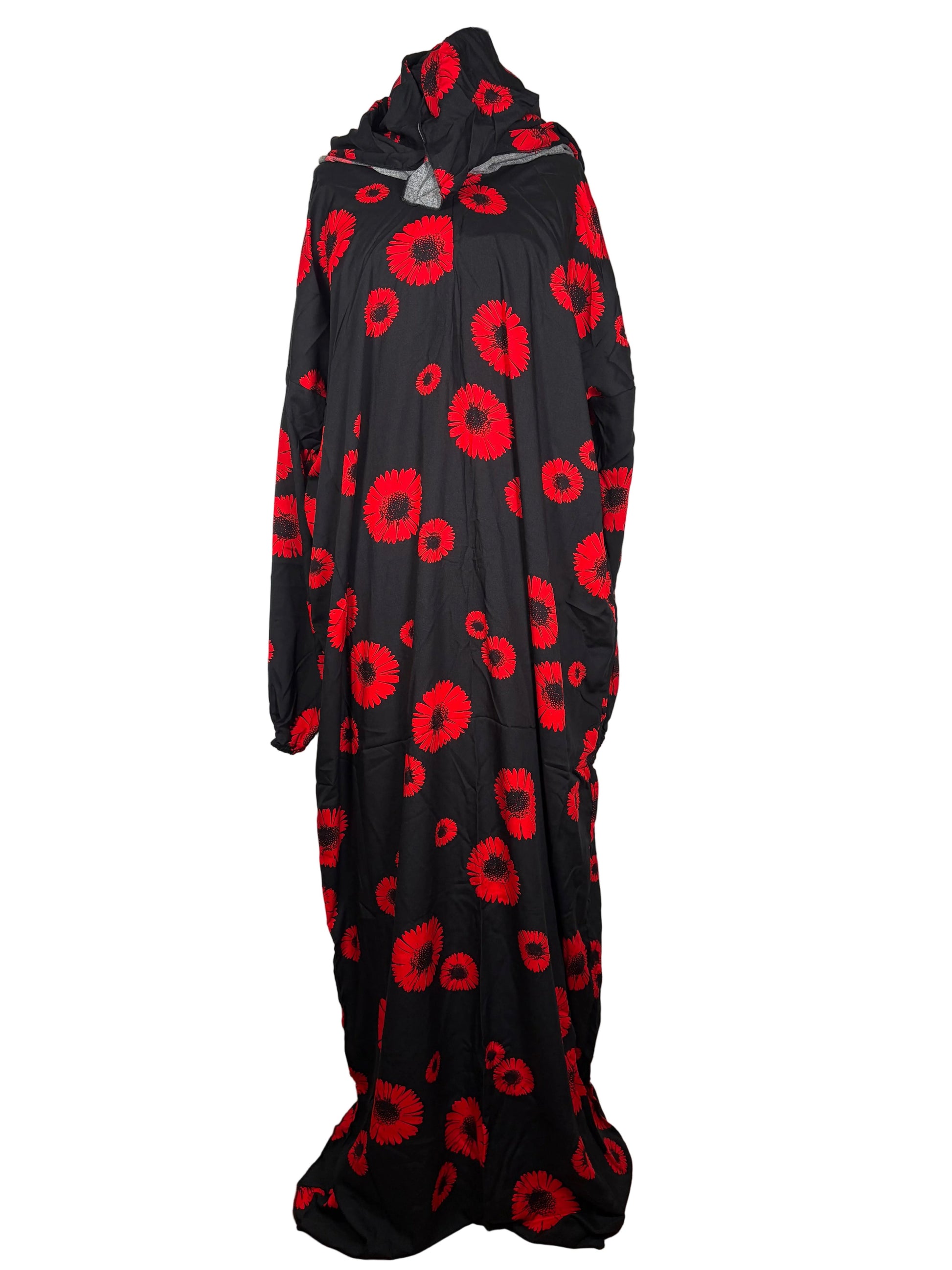 Prayer dress with red floral patterns on a white background