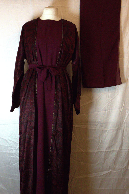 Red Floral Two-Piece Abaya with Belt and Headscarf