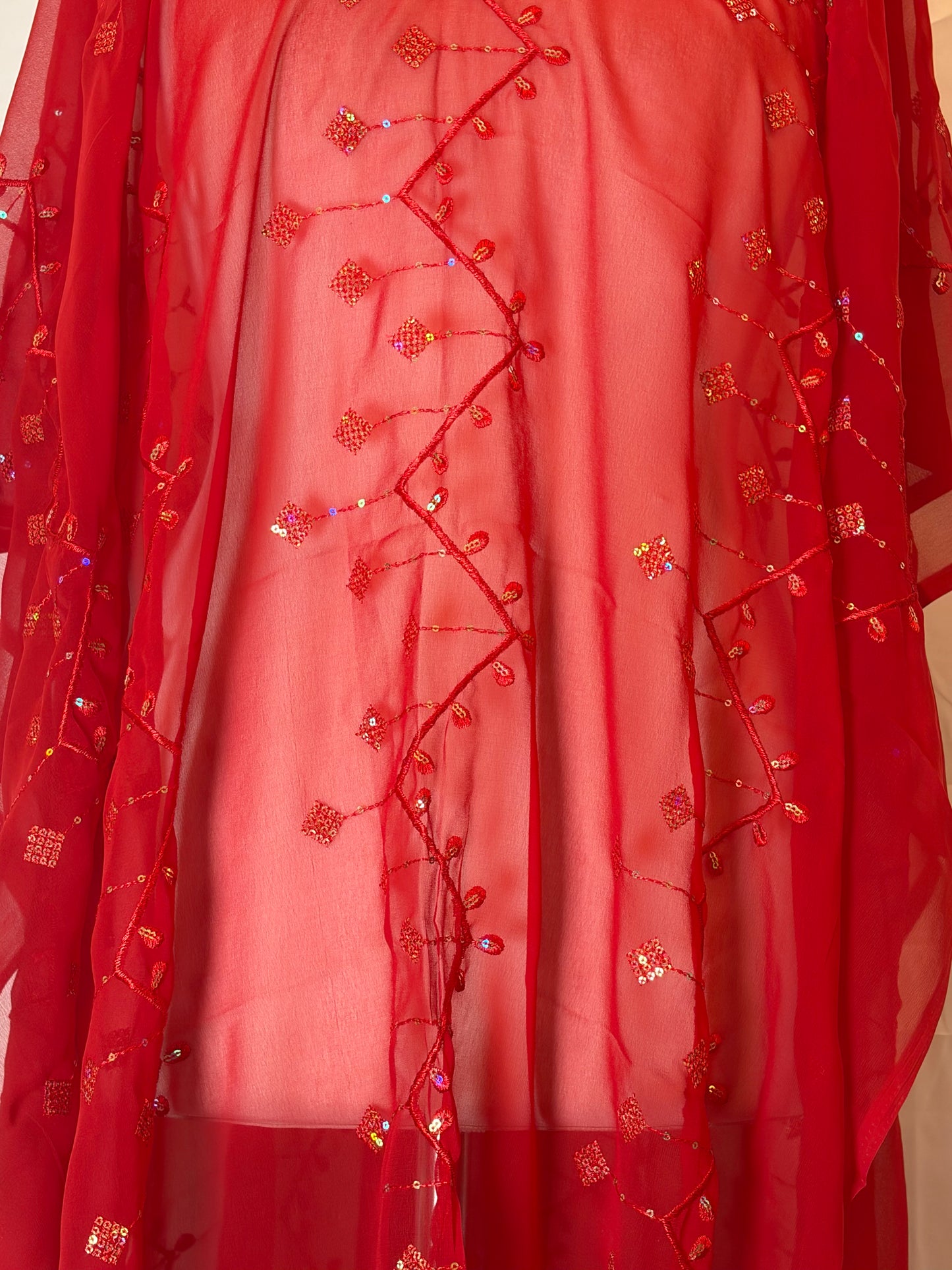 Red Garbasaar fabric with intricate gold embroidery and embellishments