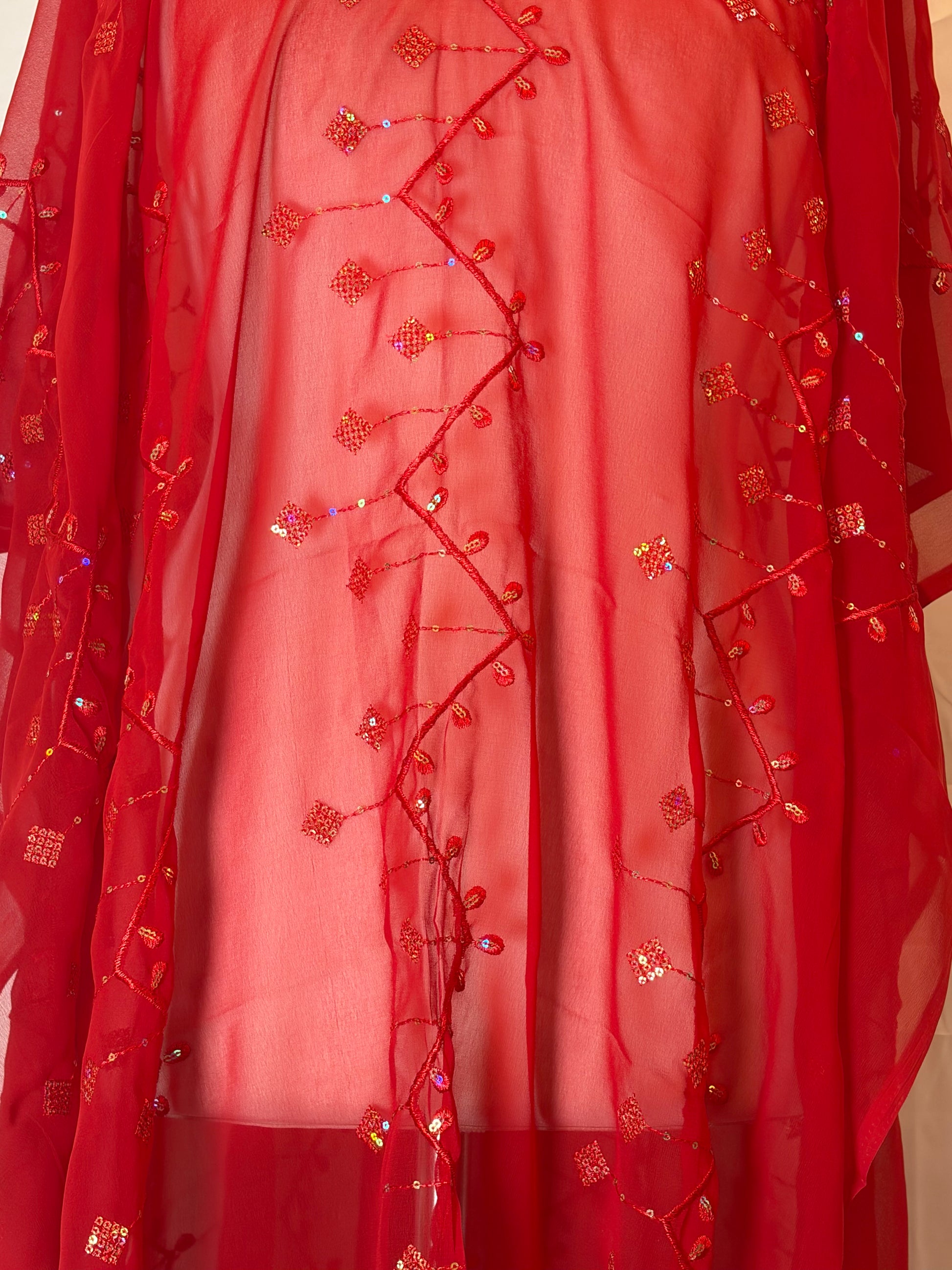 Red Garbasaar fabric with intricate gold embroidery and embellishments