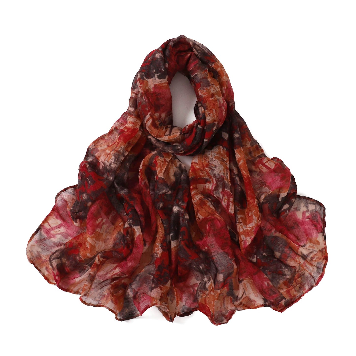 Multicolored scarf with red, brown, and orange hues on a white background