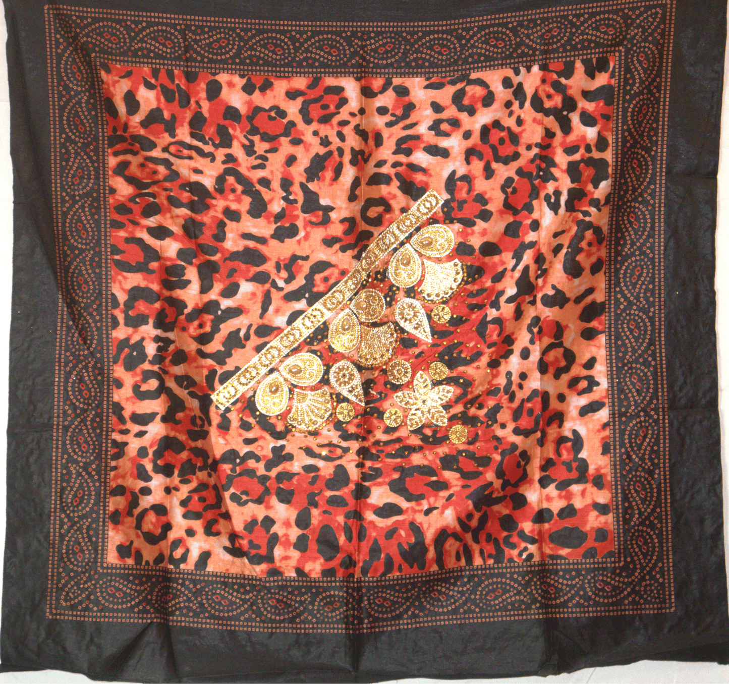 Somali Shaash with red and Black leopard print and gold Stones 
