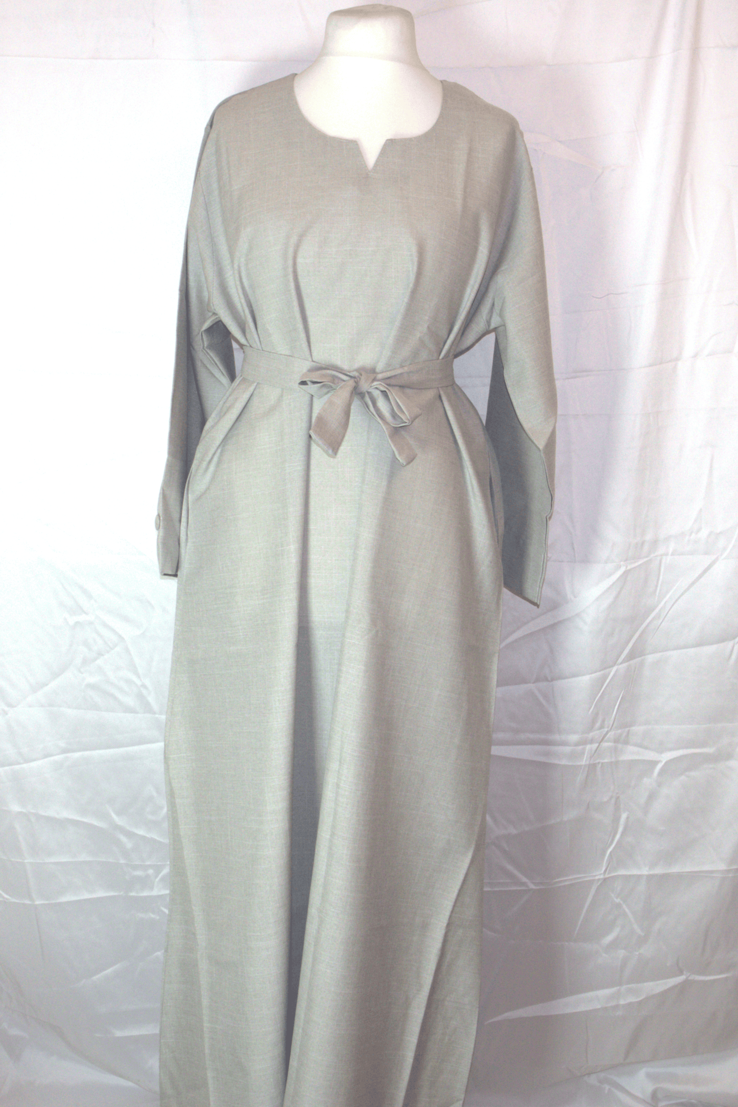 Elegant Silver Maxi Dress – Belted with Side Pockets