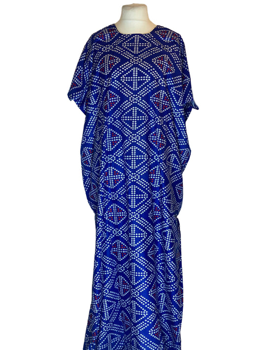 Blue patterned Somali Baati on a mannequin against a white background