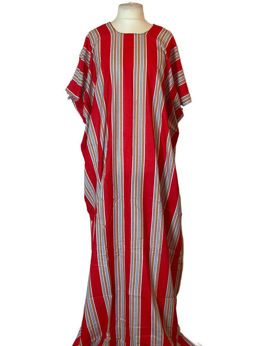 Red and white striped Somali Baati on a mannequin against a white background