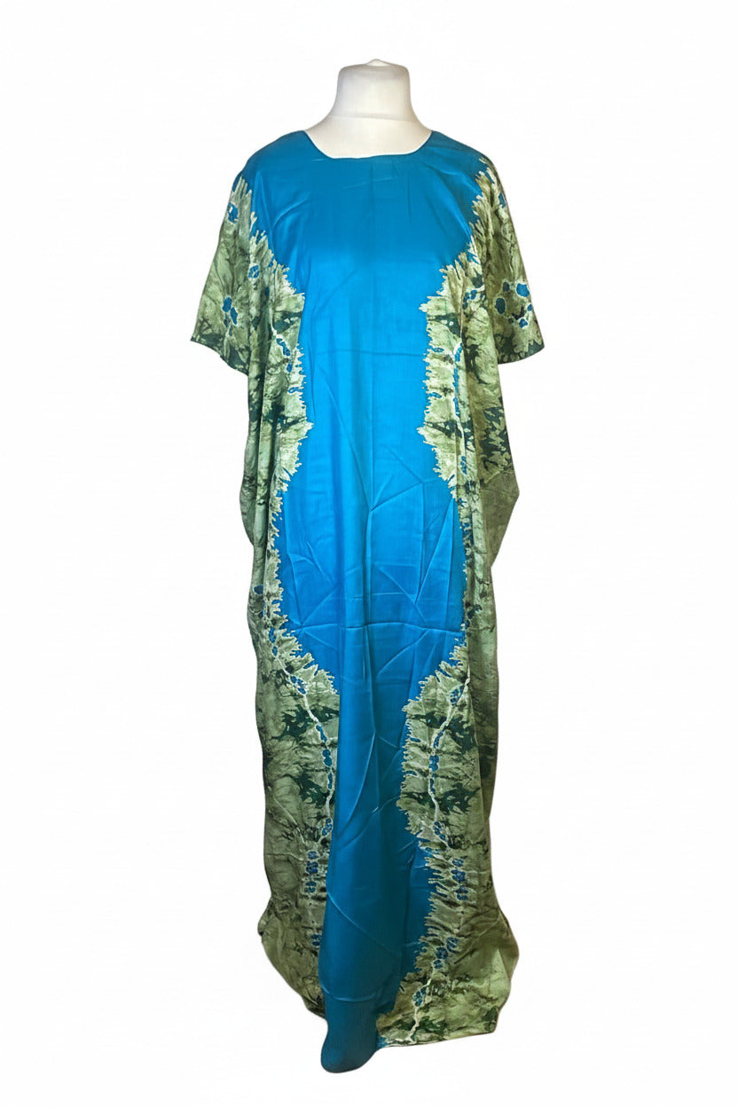 Teal Somali Baati with olive green botanical tie-dye side panels, free size, short sleeves, full length
