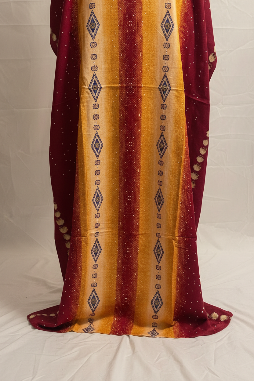 Somali baati with maroon and yellow pattern on a white background