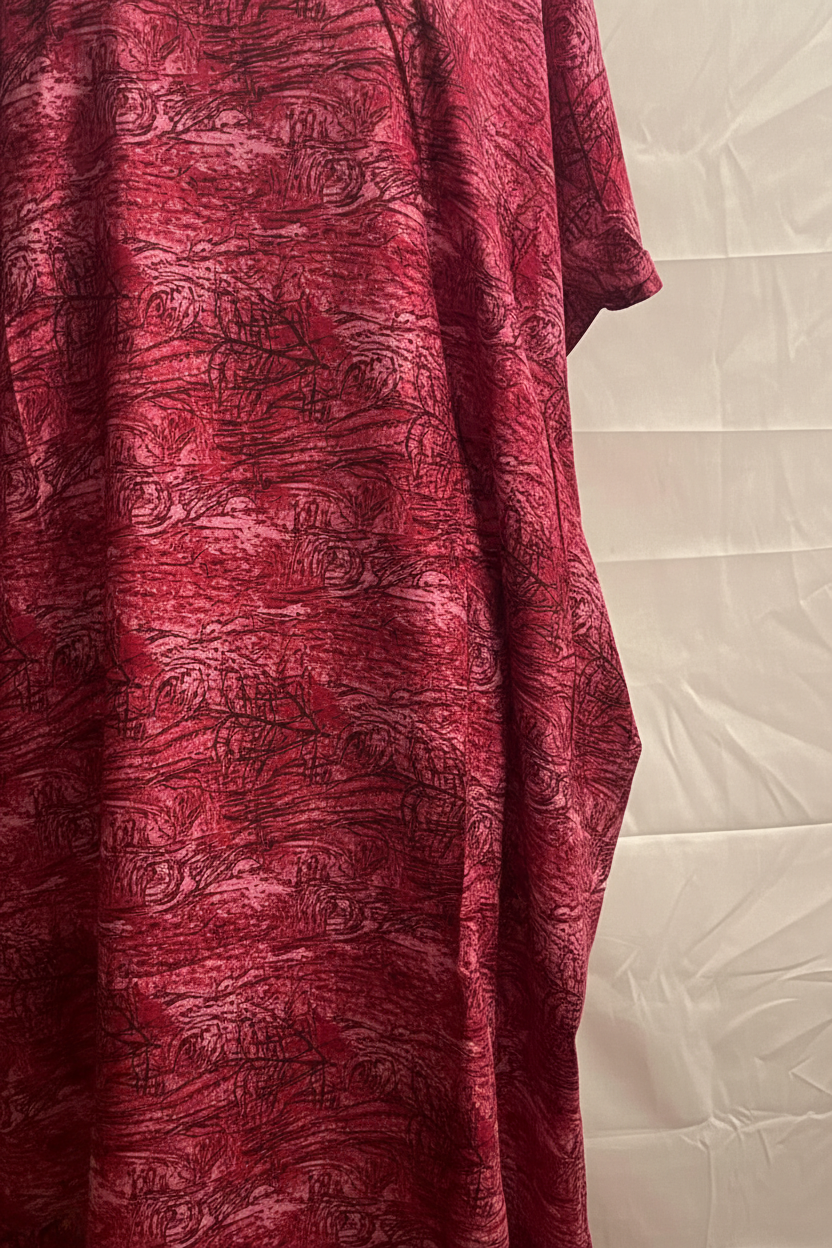 Red patterned Somali baati draped over a white tiled wall