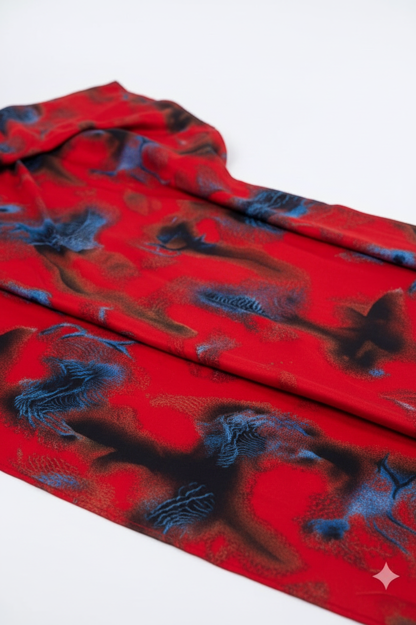 Somali Red Baati with blue and black patterns on a white background
