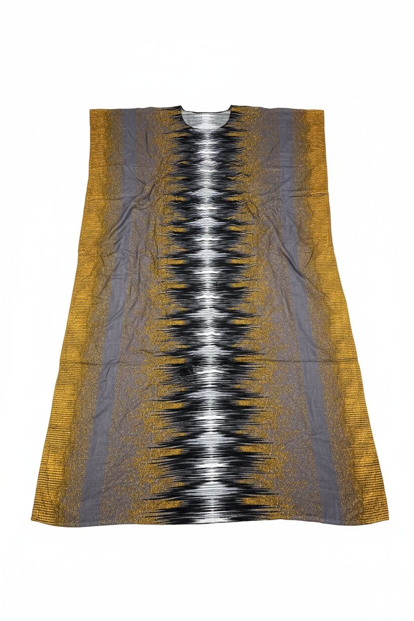 Long sleeveless dress with a patterned design on a white background