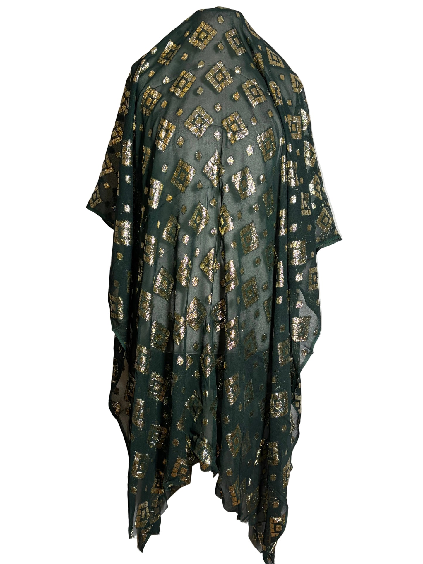Somali garbasar fabric with a green and gold pattern on a white background