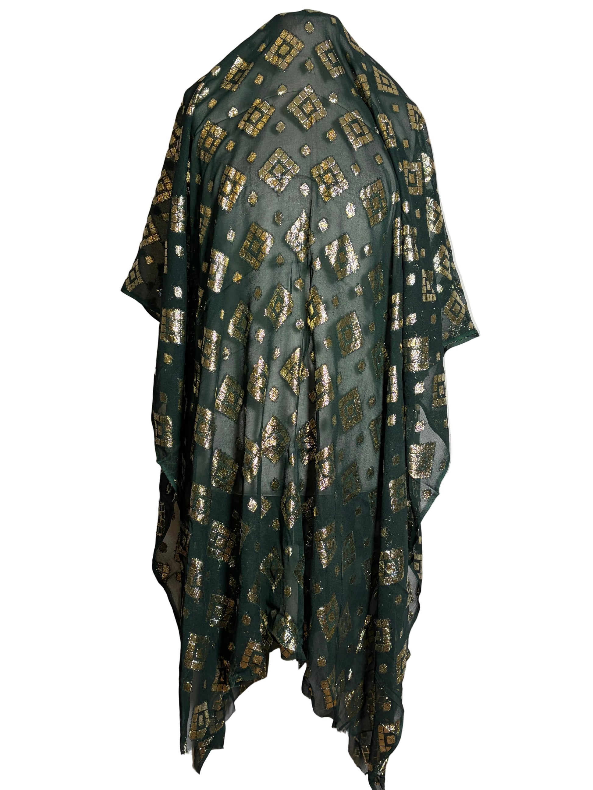 Somali garbasar fabric with a green and gold pattern on a white background
