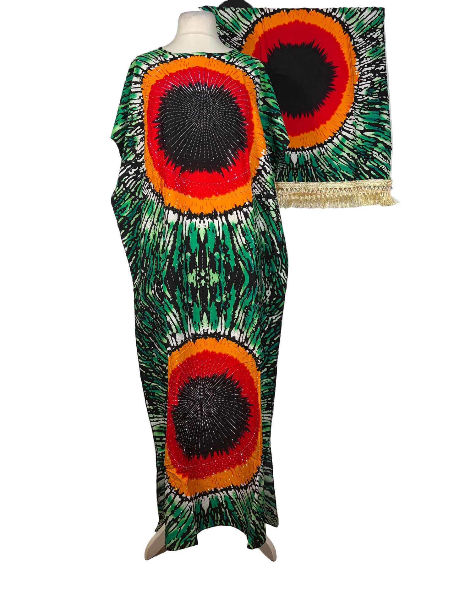 Colorful traditional somali Baati with circular patterns on a white background