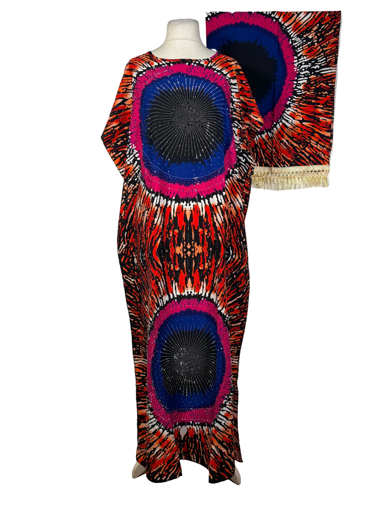 Colorful Somali Baati dress with abstract patterns on a mannequin against a white background