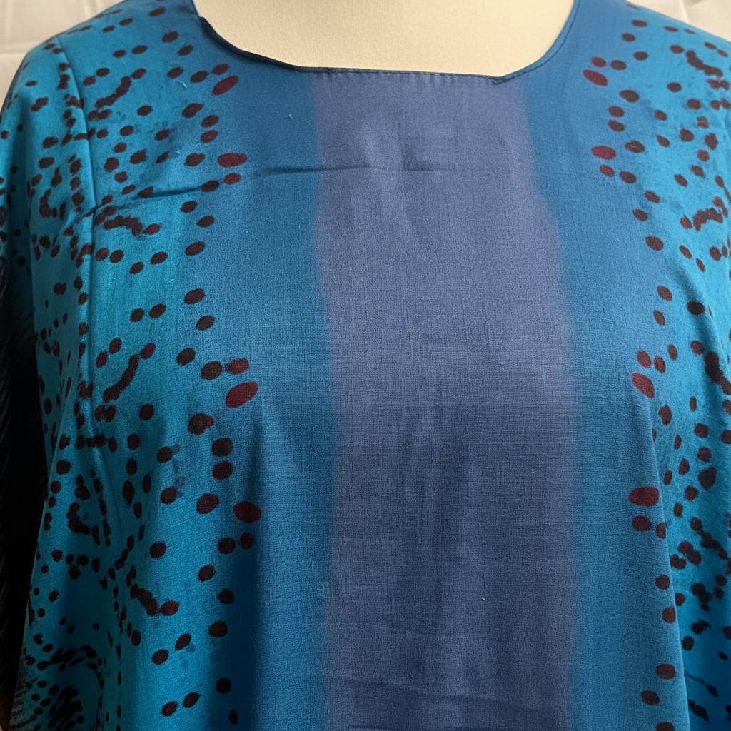 Blue top with black pattern on a mannequin