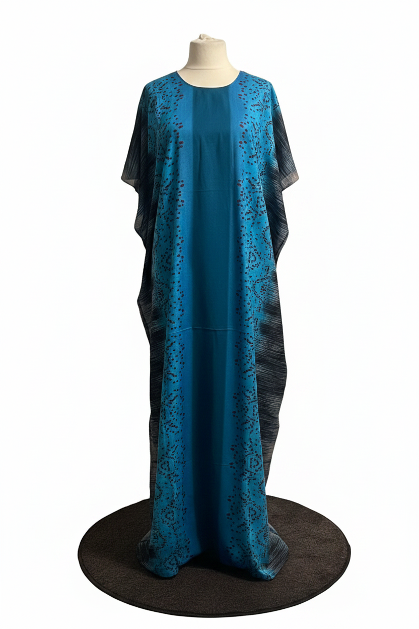 Blue Somali Baati dress on a mannequin against a white background