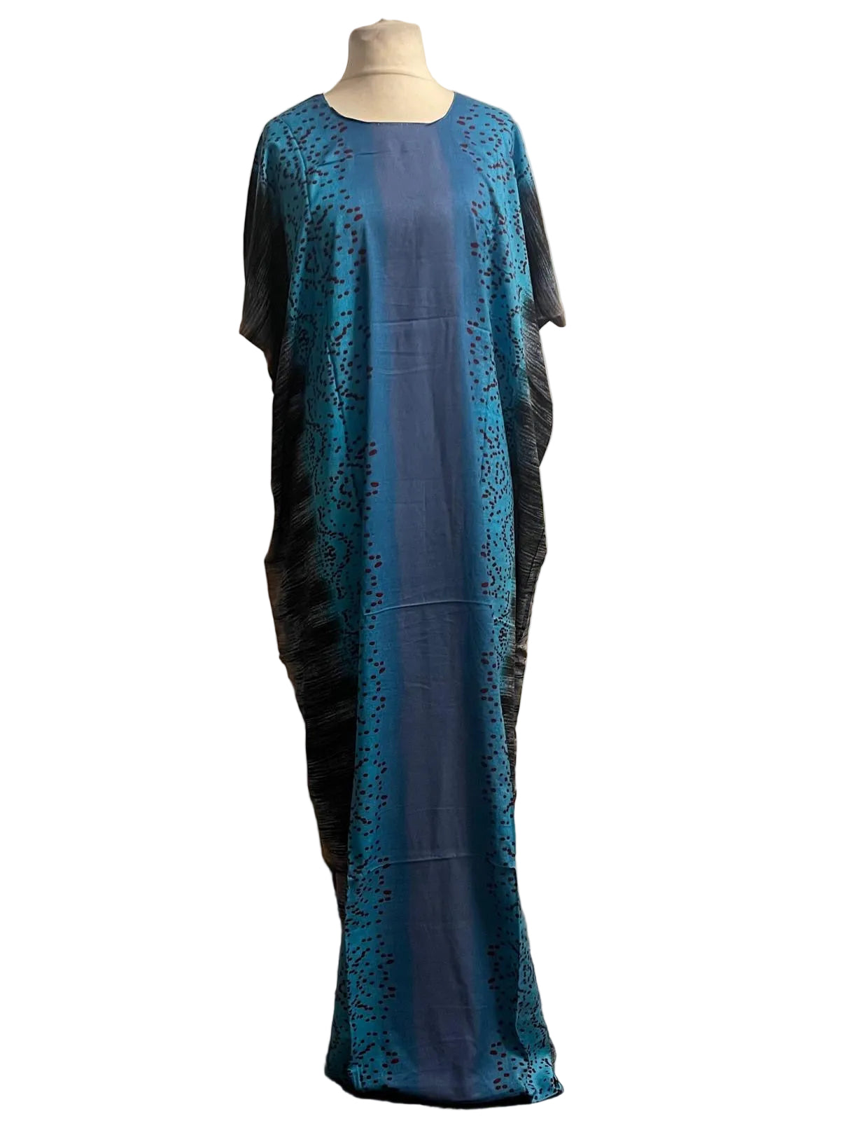 Blue Somali Baati dress with black lace details on a mannequin against a white background