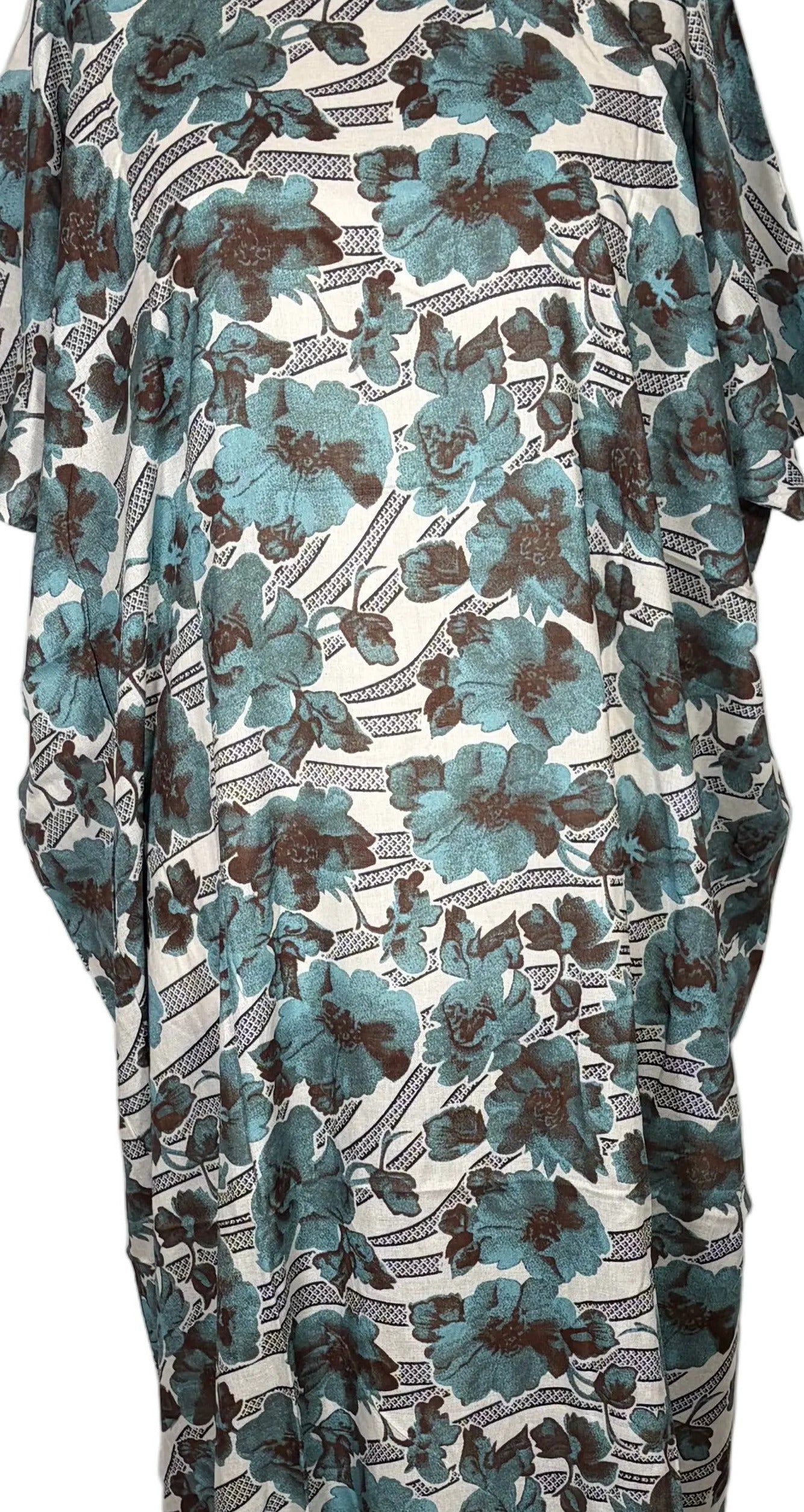 Floral patterned Somali Baati dress on a mannequin against a white curtain background