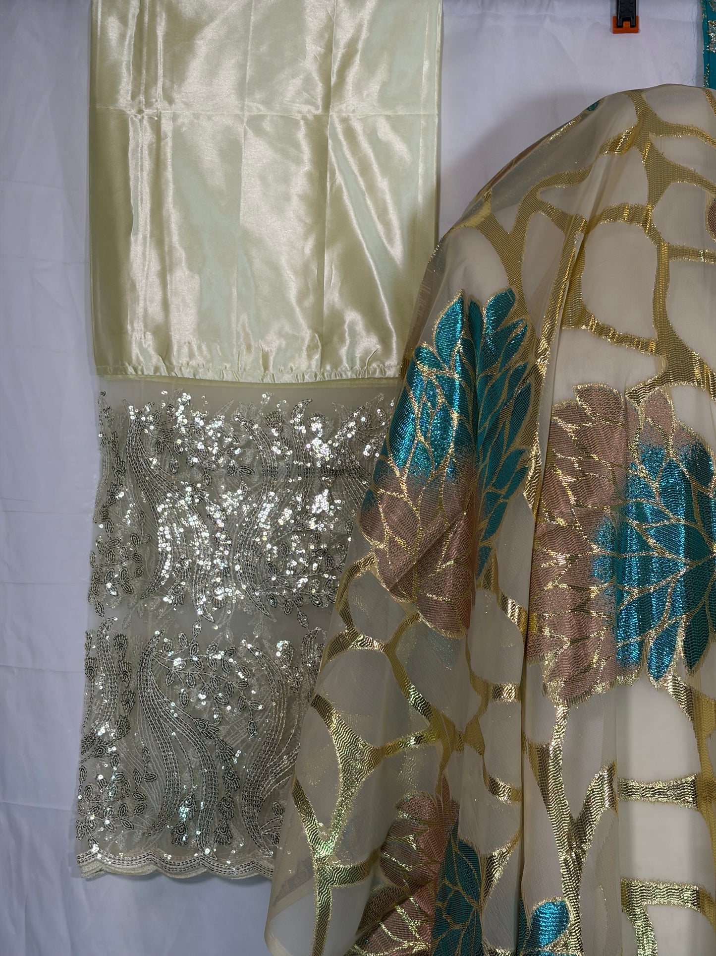 Fransawi Dirac Full Set — Cream & Teal Gold Brocade (Unstitched)