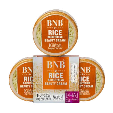 Three containers of BNB Rice Brightening Beauty Cream on a white background