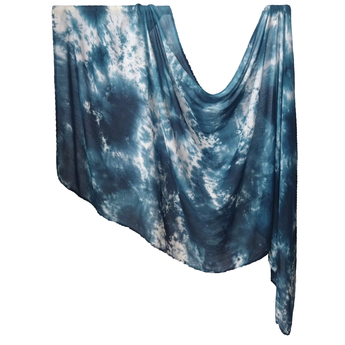 A lightweight, semi-sheer fabric scarf or shawl with a blue and white tie-dye cloud pattern, draped over a gold-colored clothing rack against a white paneled wall.