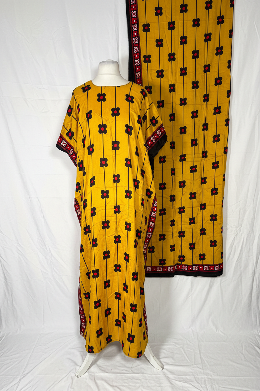 Back view of mustard floral stem Baati and scarf on mannequin