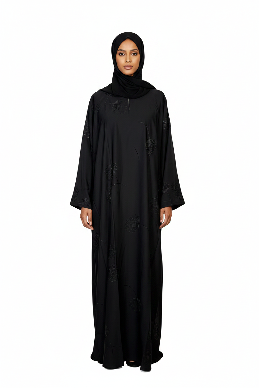 Black Floral Embroidered Abaya – Model Arms Down