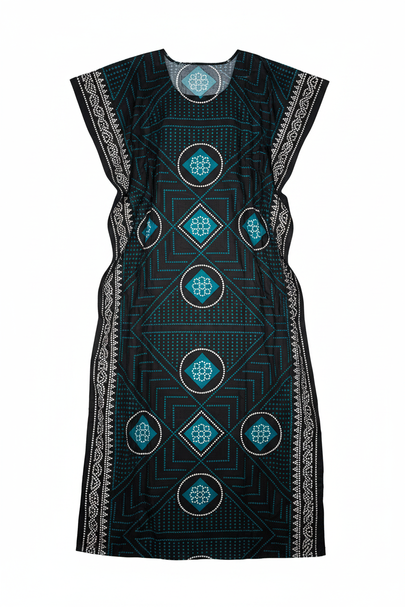 Black Teal Geometric Medallion Baati - Flat Lay