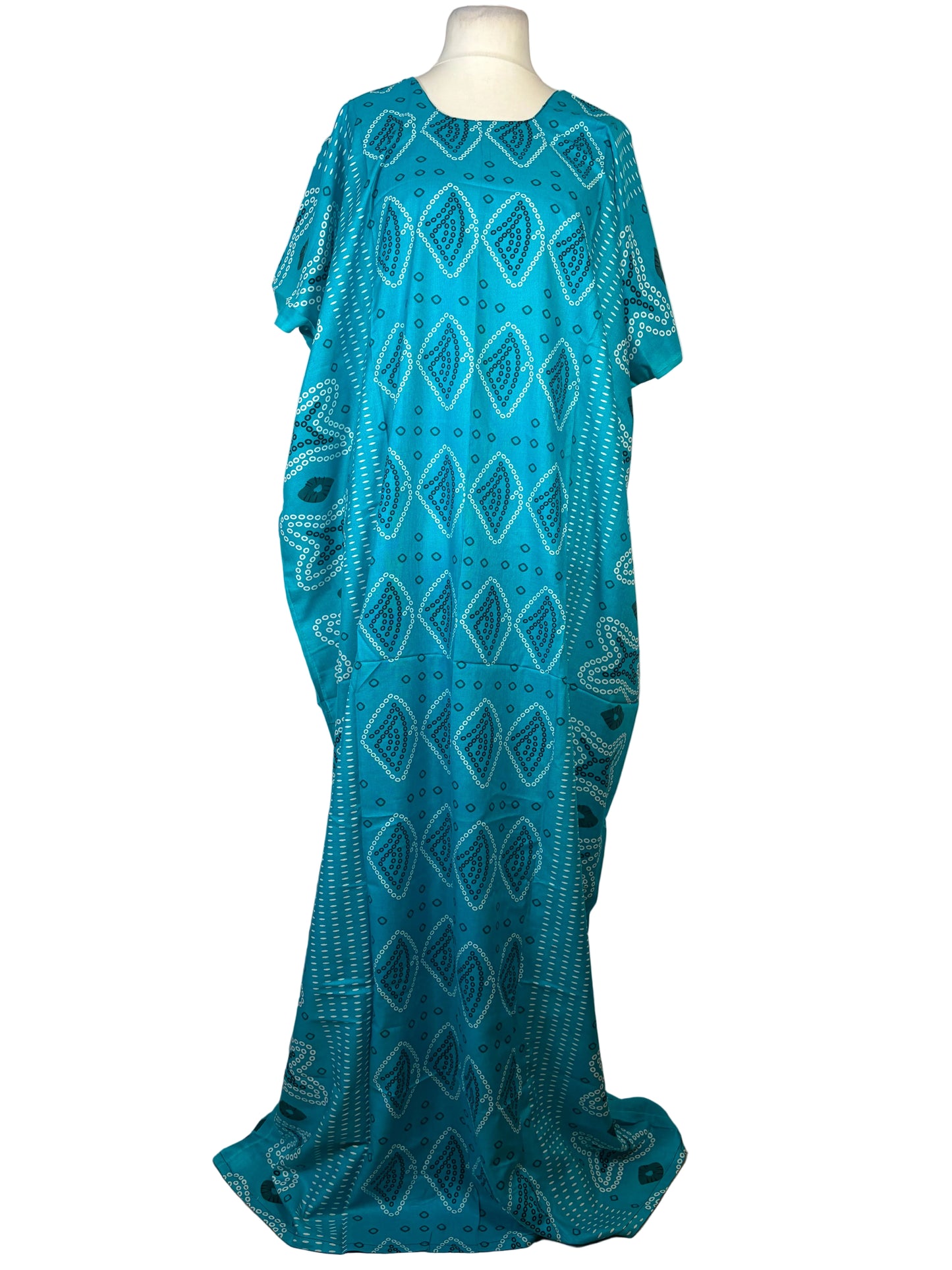 Blue patterned Somali Baati on a mannequin against a white background