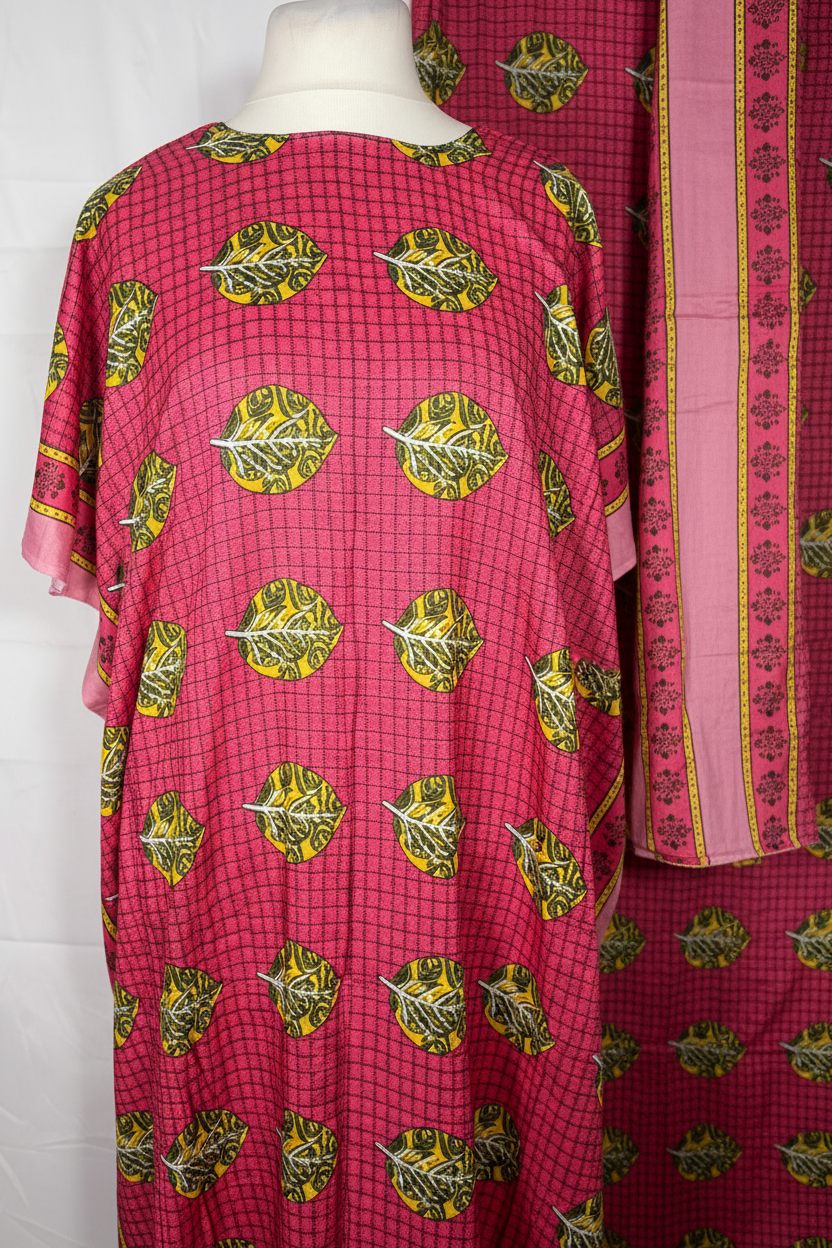Close-up detail of pink leaf print Baati neckline and scarf border