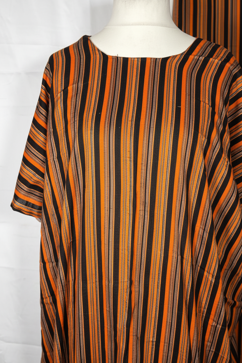 Close-up detail of striped Baati neckline and fabric