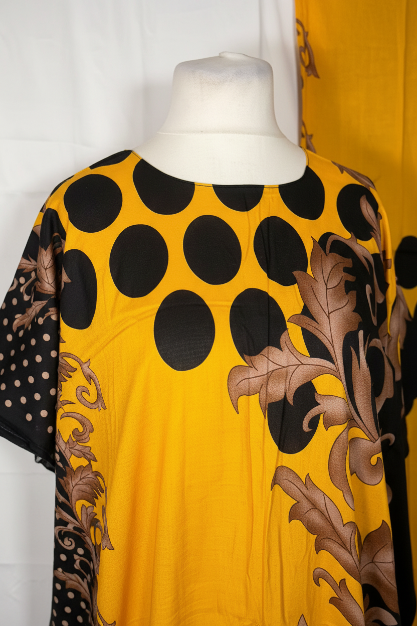 Close-up detail of yellow polka dot baroque Baati neckline and border
