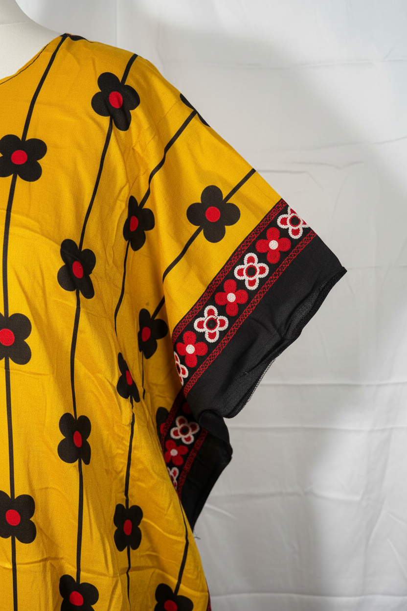 Close-up of mustard Baati red and black embroidered sleeve trim