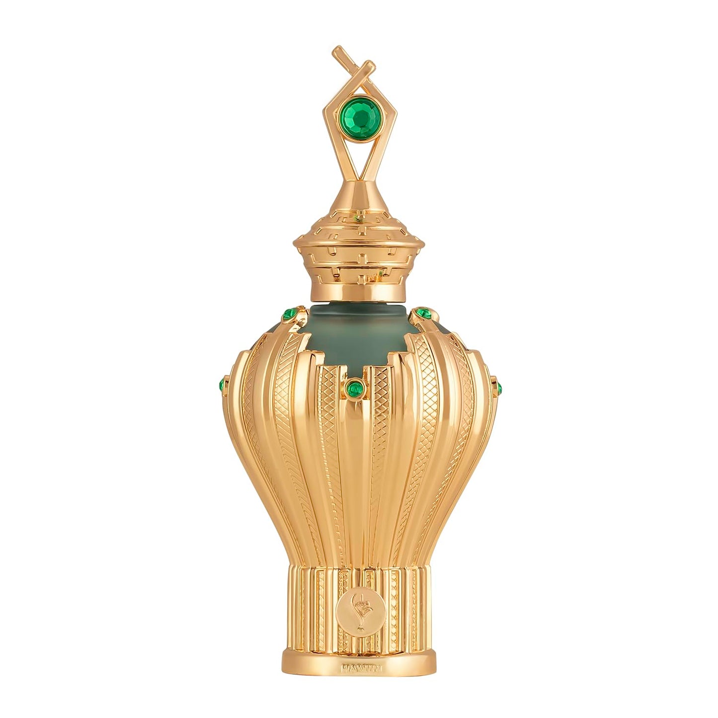Decorative gold bottle with green gemstones on a white background