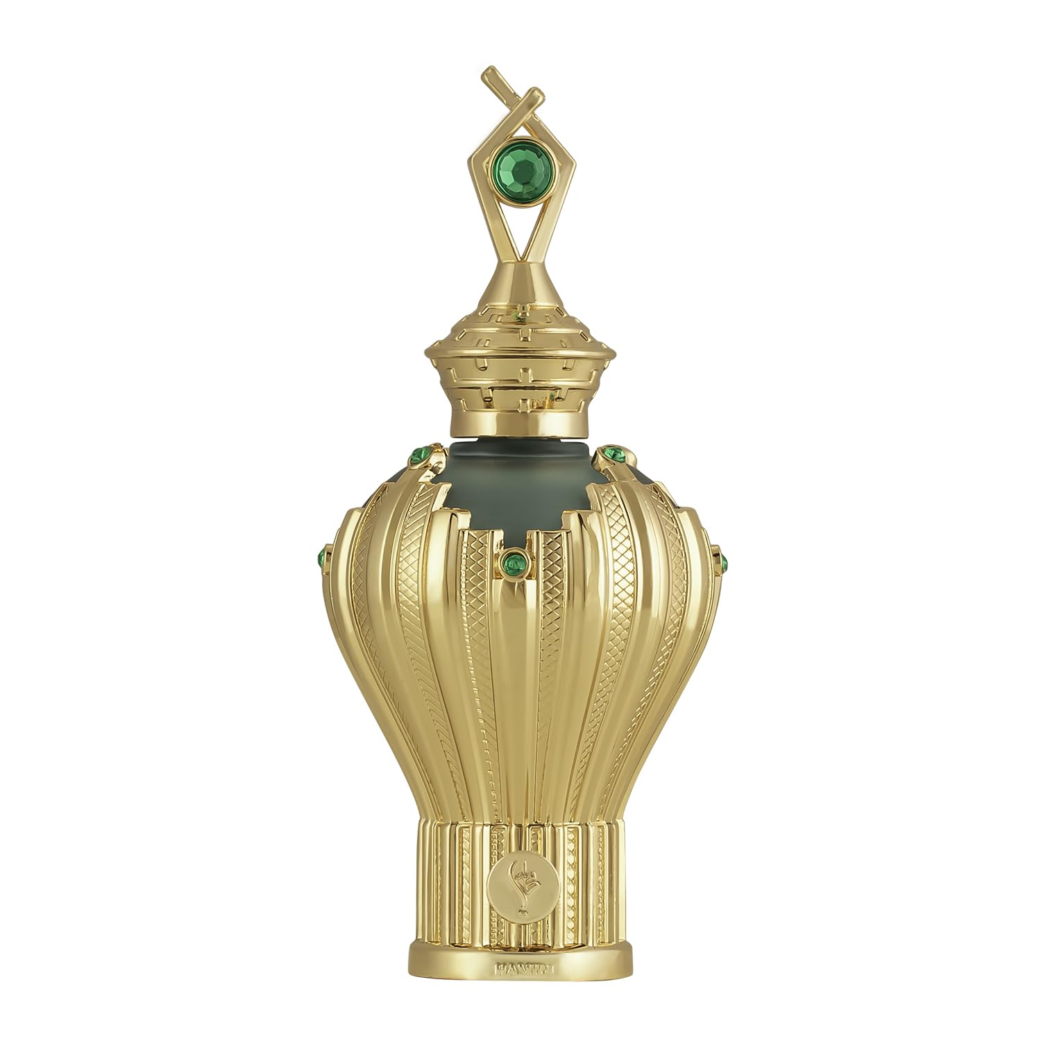 Decorative gold bottle with green gemstones on a white background