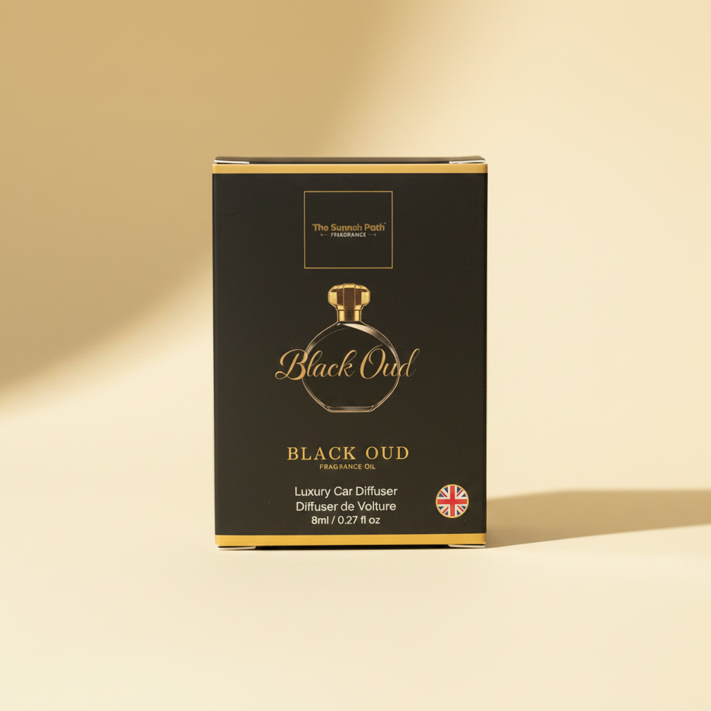 The Sunnah Path Black Oud luxury car diffuser in black and gold packaging