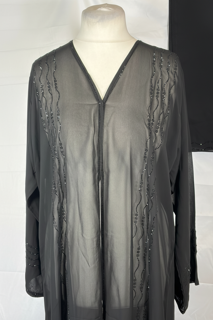 Black open abaya upper body showing V-neckline and wave bead embroidery panels