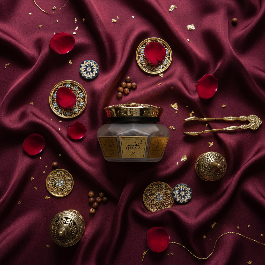 Khadlaj Oud Muattar Qisati Flat Lay Composition