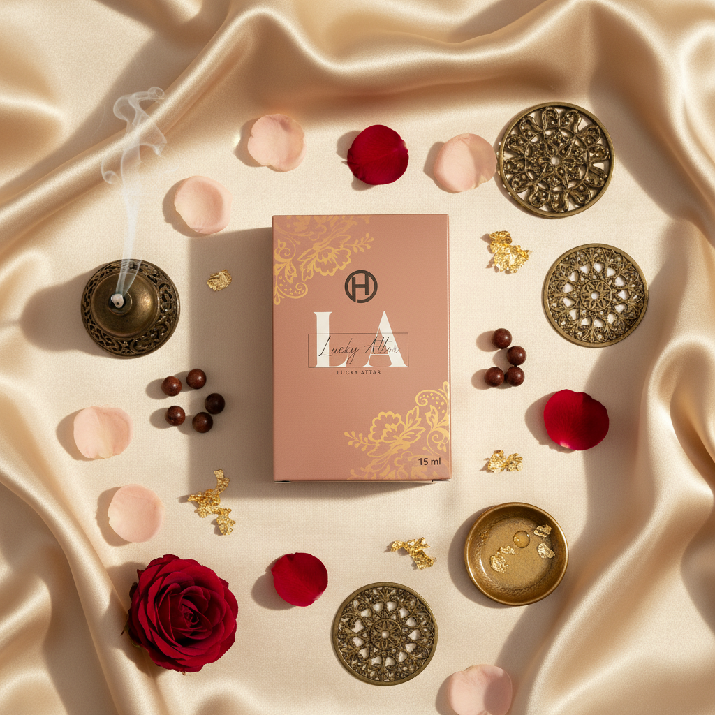 Lucky Attar Perfume Flat Lay Composition