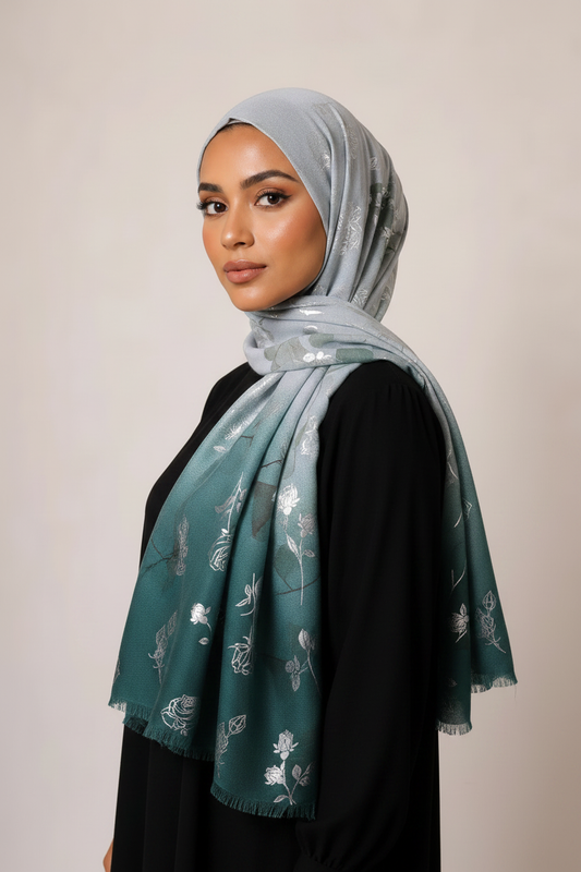 Model wearing teal ombre silver rose hijab
