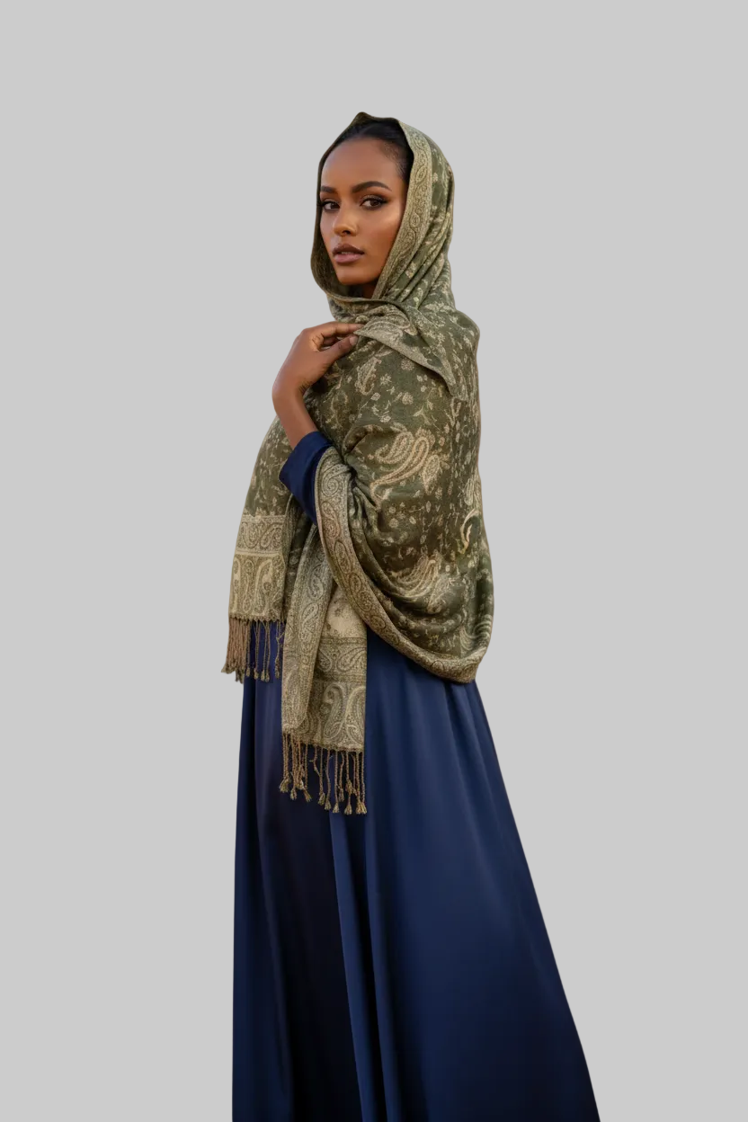 New Somali model - Olive Green Paisley Shawl
