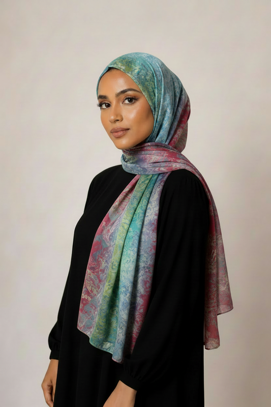 New Somali model wearing multicolour marble swirl hijab